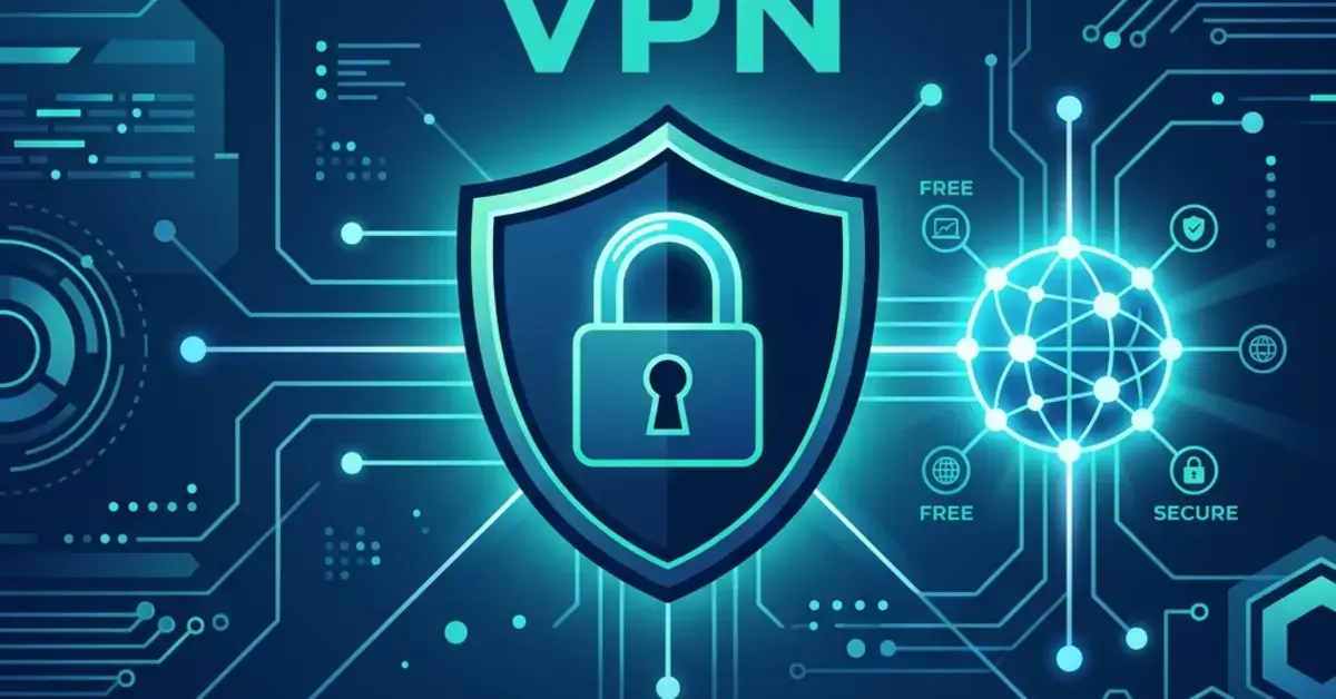 Kyberturvallisuutta kuvaava kuvitus, jossa näkyy kilpi ja lukko digitaalisella taustalla ilmaisen VPN-palvelun valitsemisen tueksi.