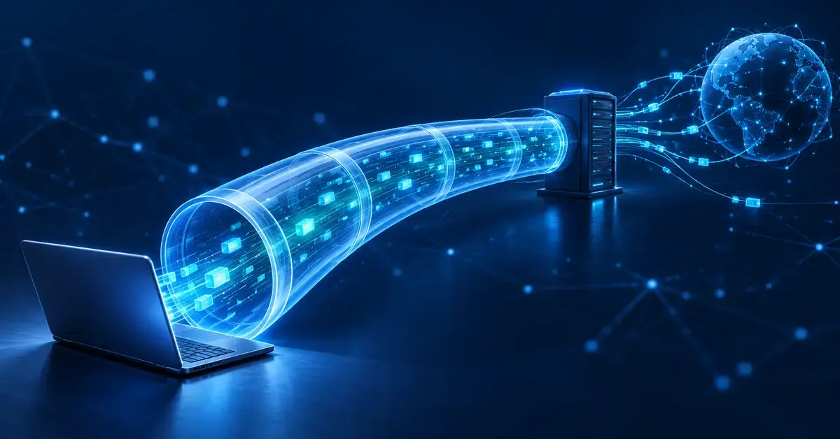 Tummansinisessä kuvituksessa tietoliikenne kulkee kannettavalta tietokoneelta salatun VPN-tunnelin kautta palvelimelle ja edelleen maailmanlaajuiseen verkkoon.