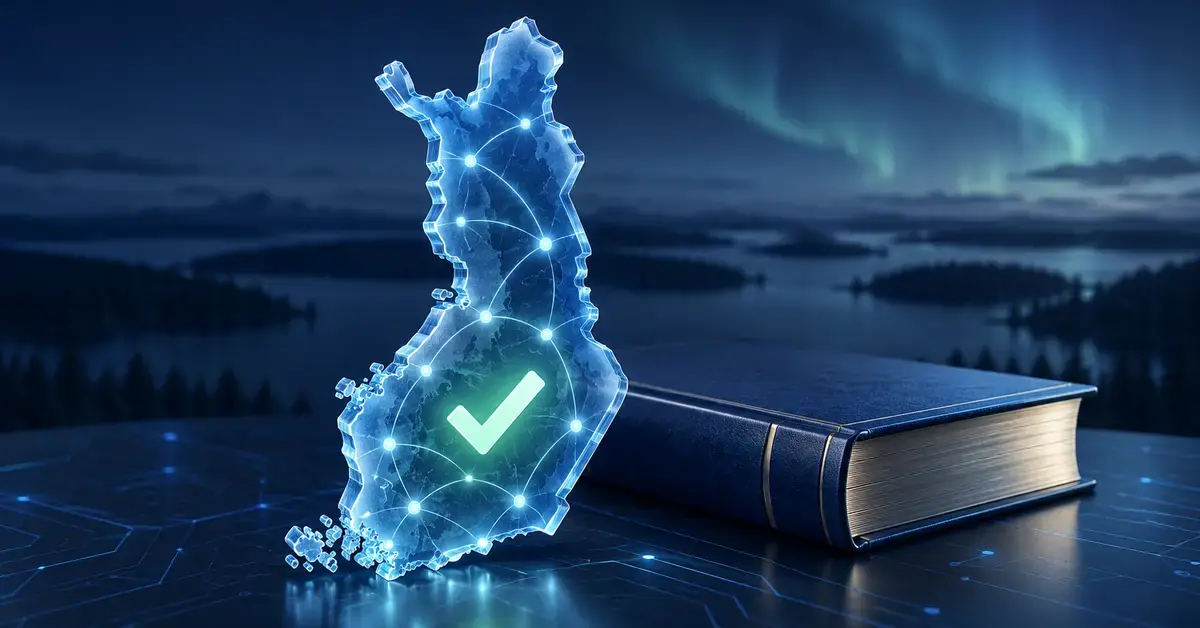 Hohtava Suomen kartta, vihreä hyväksymismerkki ja lakikirja havainnollistavat VPN:n käytön laillisuutta Suomessa tummansinisessä teknologiakuvituksessa.