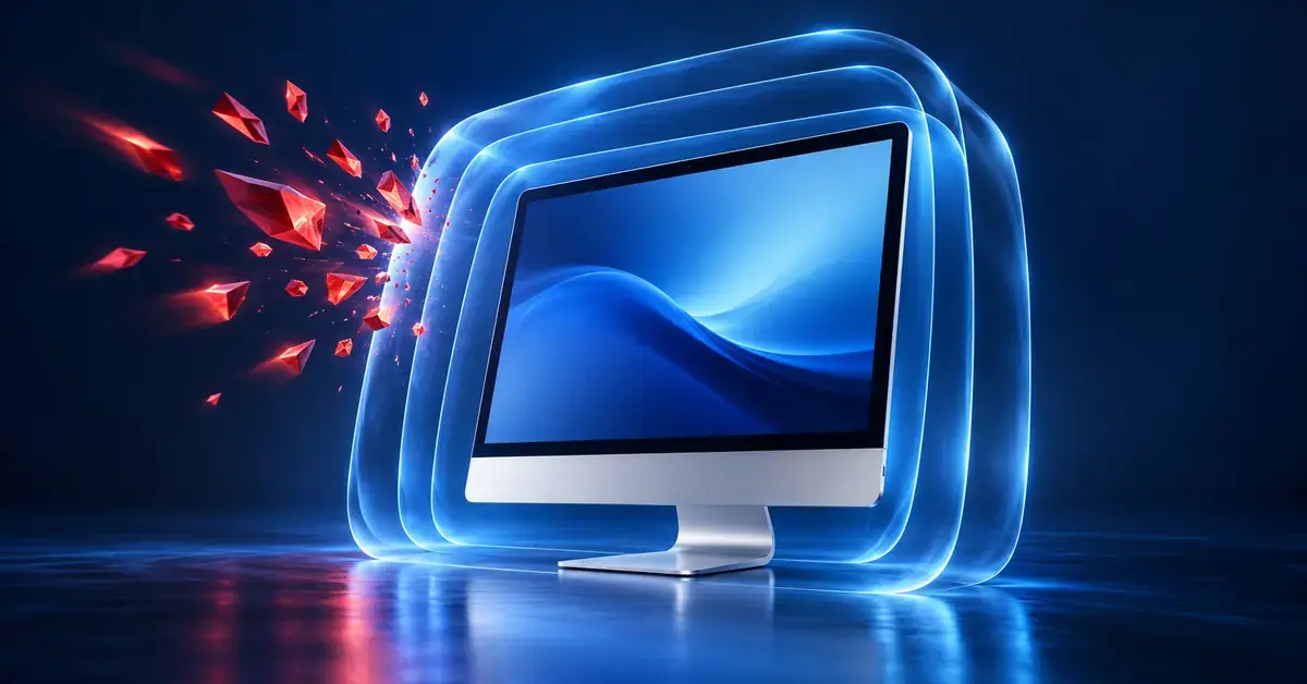 Mac-tyylistä pöytätietokonetta ympäröivät siniset suojakerrokset torjuvat punaisia haittaohjelmia kuvaavia sirpaleita tummansinisessä kuvituksessa.
