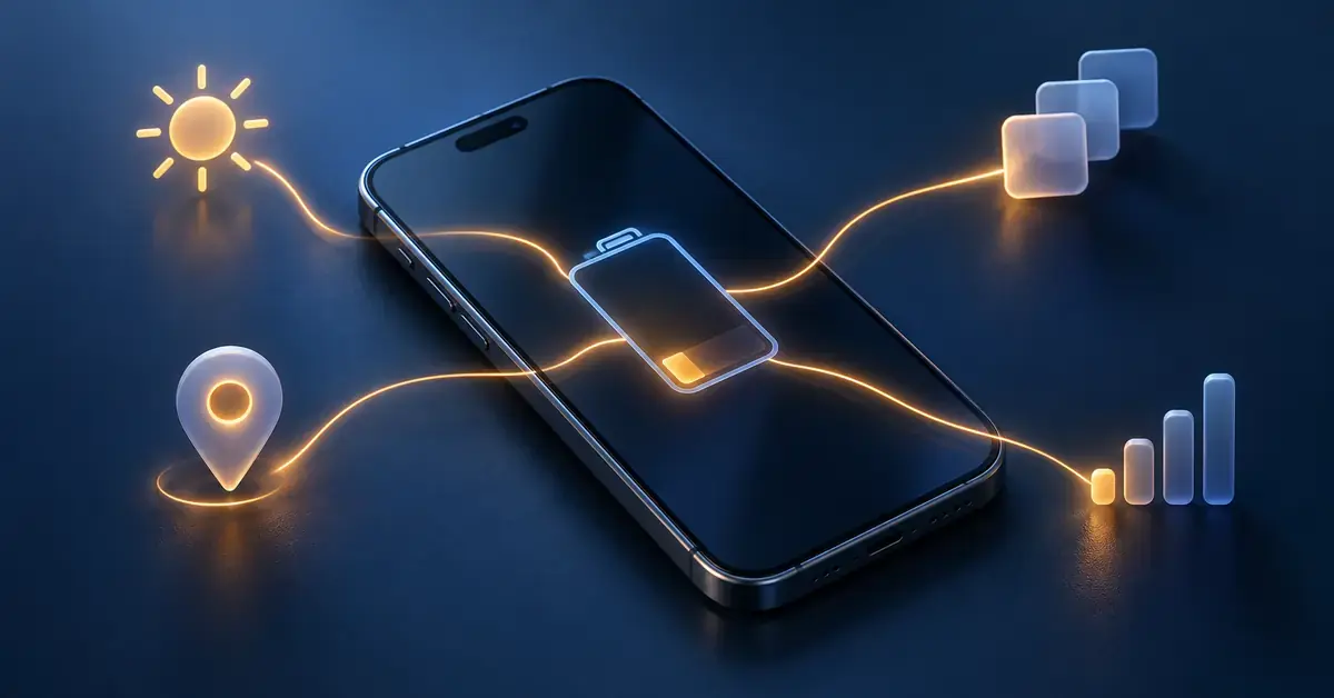 Tummansinisessä kuvituksessa puhelimen lähes tyhjä akku yhdistyy valojuovilla näytön kirkkautta, taustasovelluksia, paikannusta ja mobiiliverkon signaalia esittäviin kuvakkeisiin.