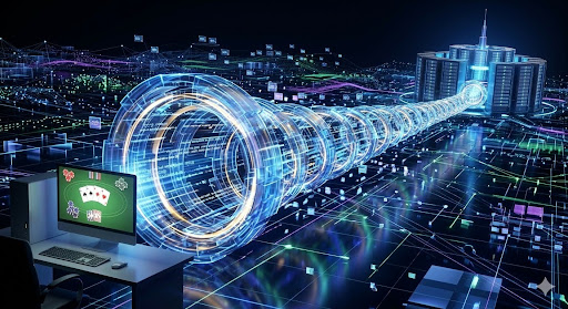 Havainnekuva, jossa data kulkee salattuna tunnelina käyttäjän laitteen ja palvelimen välillä pelaamisen aikana
