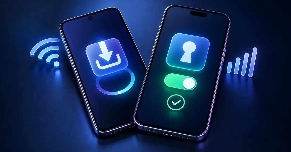Tummansinisessä kuvituksessa kahden älypuhelimen näytöt havainnollistavat VPN-sovelluksen lataamista ja suojatun yhteyden käyttöönottoa Wi-Fi- ja mobiiliverkossa.